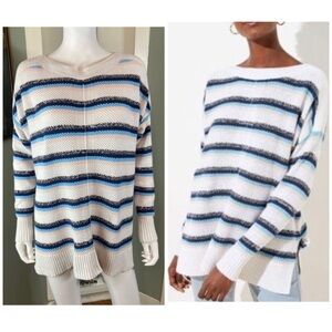LOFT Poncho Blue White Striped Women's Sweater Oversized Medium M Cotton Blend
